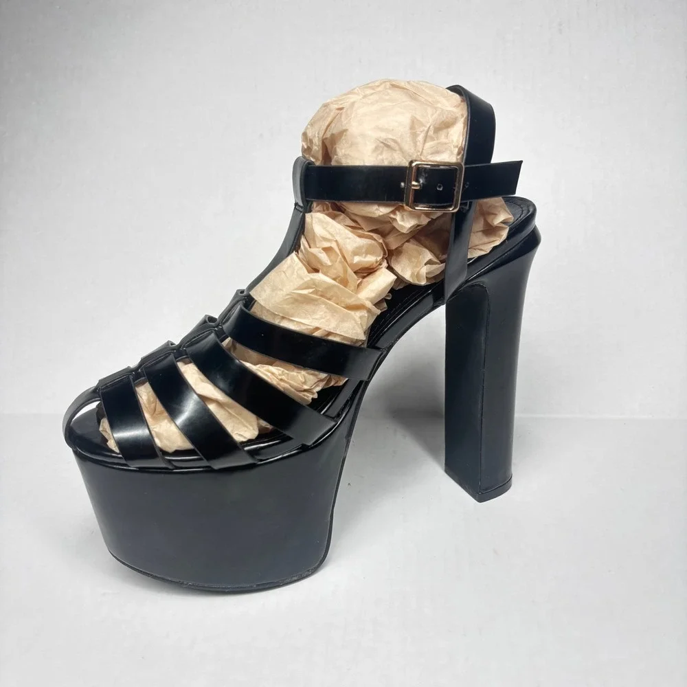 Berness Sofia Black Platform Cage Sandals Chunky Block Heel Ankle Strap Womens 8